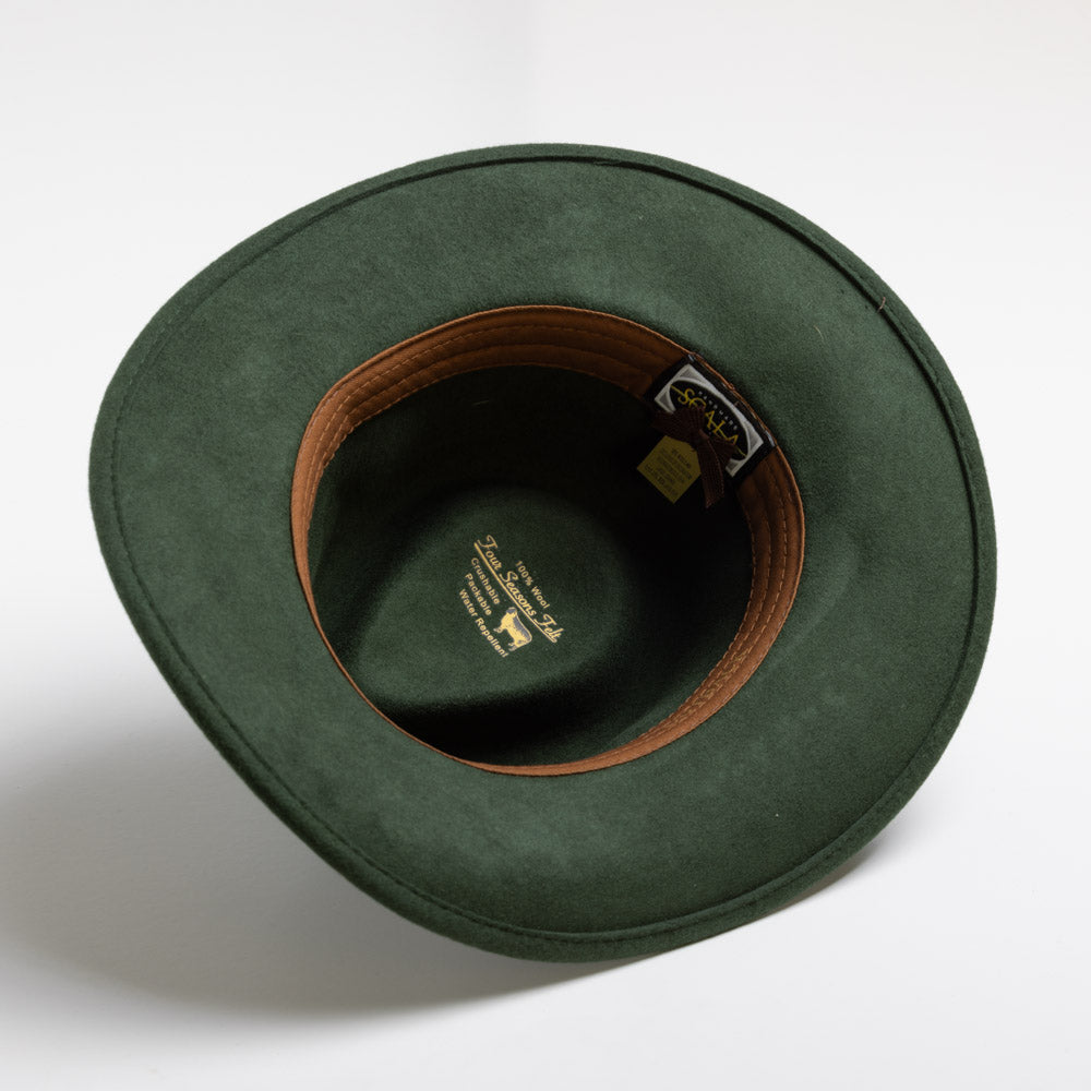 Pine colored felt hat with brown band on a white background