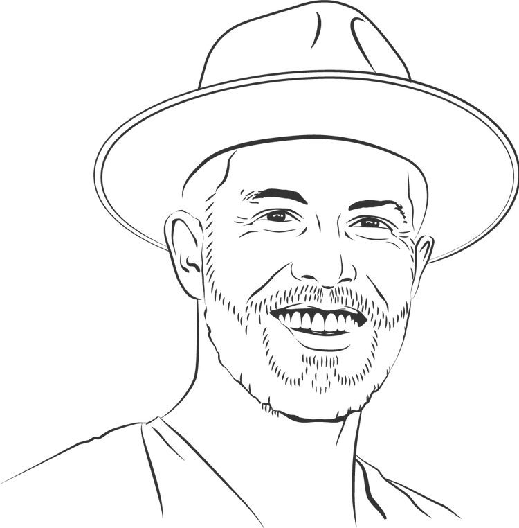 Sketch of Carson Finkle wearing a wide brim hat smiling with a slightly bushy beard