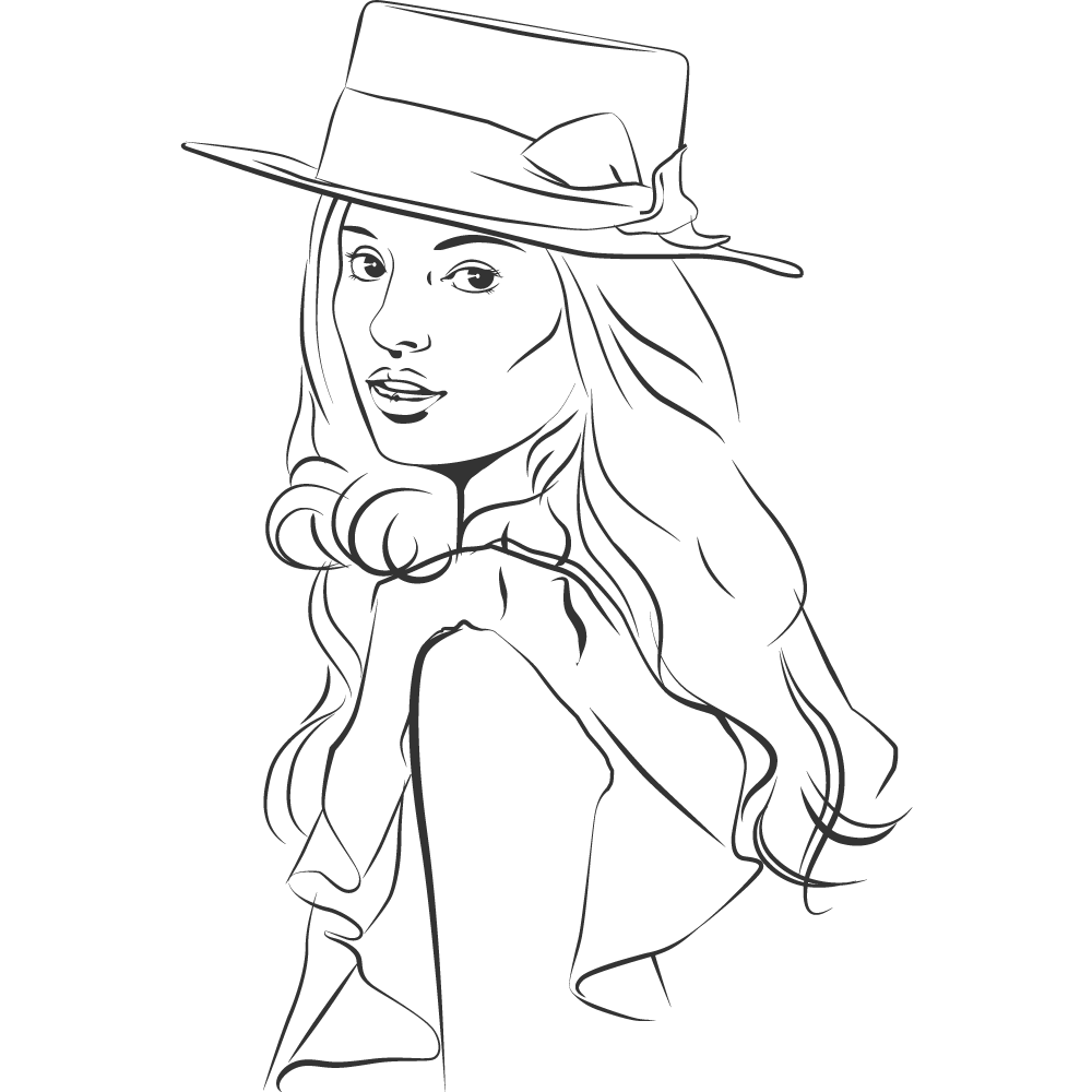 Sketch of a woman with long hair wearing a flat top hat and dress looking over her left shoulder